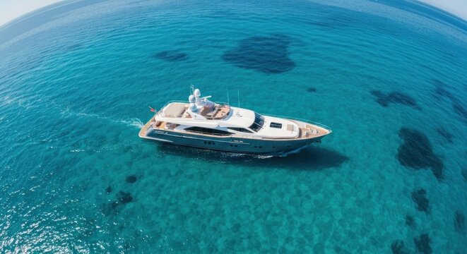 Aerial view of a luxury yacht sailing through crystal-clear turquoise waters on a sunny day