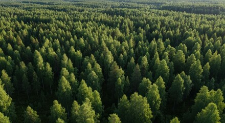 Aerial view of a vast, dense evergreen forest under a bright, slightly hazy sky