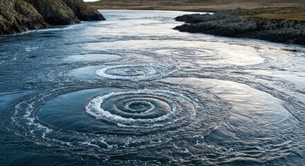 Aerial view of powerful ocean whirlpools churning through a narrow channel