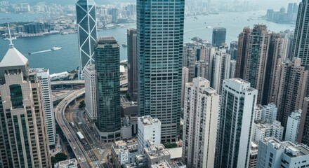 Obraz premium An aerial view of a modern cityscape with tall buildings next to a body of water