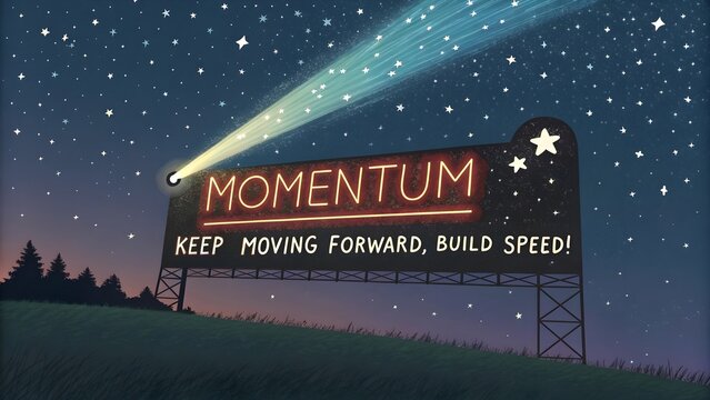 Billboard with neon sign displaying the word MOMENTUM