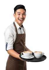 Cheerful barista serving coffee with a smile on white background.