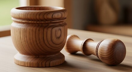 Wooden Mortar and Pestle Set on Wooden Surface.