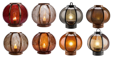 Set of Decorative Metal Candle Lanterns in Various Colors and Shapes Isolated on Transparent Background