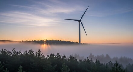 Wind Turbine Above Foggy Forest at Sunrise - Sustainable Energy.