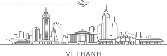Naklejka premium Vĩ Thanh Vietnam City Skyline Airplane Travel Line Art