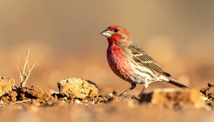 A colorful avian creature stands in an environment with brown tones