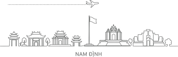 Naklejka premium Nam Dinh Skyline Landmark Line Art with Airplane