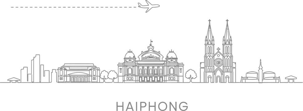 Haiphong City Skyline with Airplane and Landmark Line Art