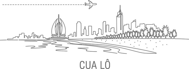 Cua Lo Vietnam Skyline Line Art with Airplane