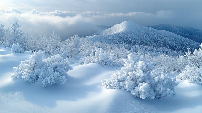  Icy Trees in Foggy Sky on Mount Goda with Vast Snow-Covered Branches Winter Landscape AI Generated.