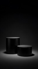 Minimalist Black Cylinders on Dark Background - Product Display Platforms.