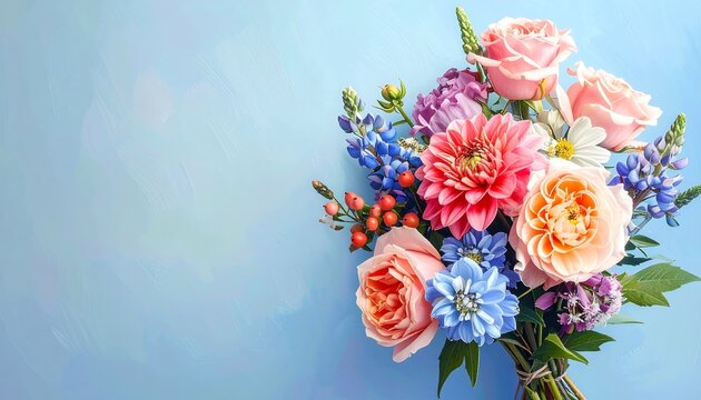 A colorful bouquet of diverse flowers against a blue background