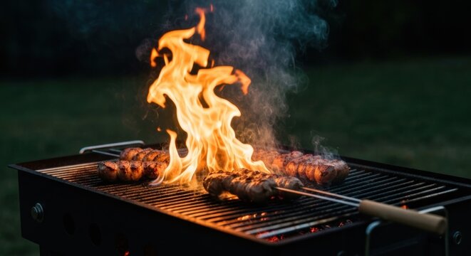 Close-up of a grilling scene with flames engulfing food cooking on a metal grate