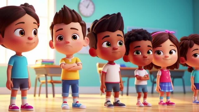 A diverse group of animated cartoon children standing in line in a vibrant classroom setting, ready for school and learning together