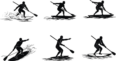 Paddleboarding vector illustration, water sport action, silhouette poses, dynamic paddling techniques, wave riding, calm water stance, black and white style, outdoor activity