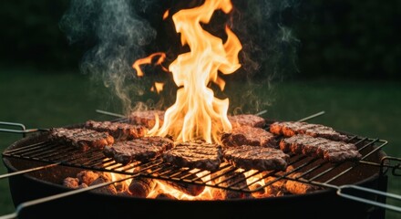 Close-up of burgers cooking over a fiery grill, producing smoke. Outdoor setting