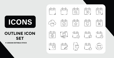 Outline Icon Set Featuring Various Calendar and Date Related Symbols