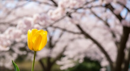 Yellow Tulip in Bloom Against Cherry Blossom Background.