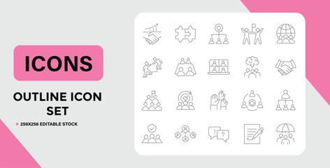 Outline Icon Set Featuring Business Teamwork and Communication Concepts