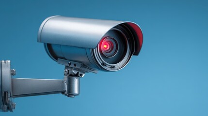 security camera with red indicator light on against blue background