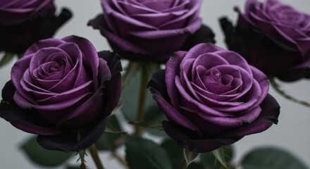 Fototapeta premium Close-up of vibrant purple roses with dark edges, displayed against a neutral background