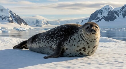 Leopard Seal Resting on Ice in Antarctica with Mountains.