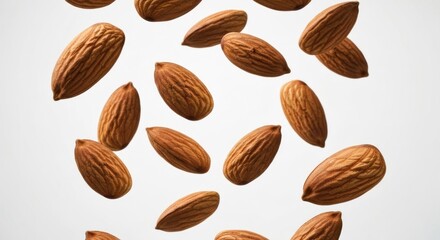 Close-up shot of scattered brown almonds floating against a plain white background