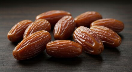 Close-up view of multiple sweet, wrinkled brown fruits on a dark, wooden surface