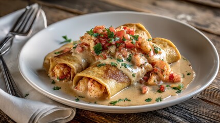 Golden crepes on a white plate topped with creamy crawfish Creole sauce with tomato and parsley garnish