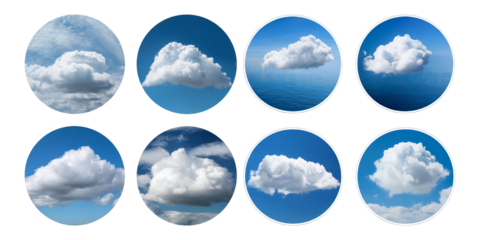 Various Cloud Forms in Different Shades of Blue Sky and Water Views, isolated on transparent background