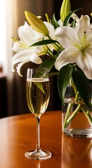Elegant Champagne Toast with White Lilies on Wooden Table.