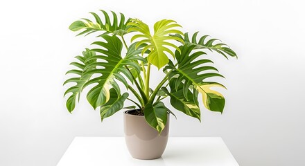 Variegated Monstera deliciosa in a pot on white background.