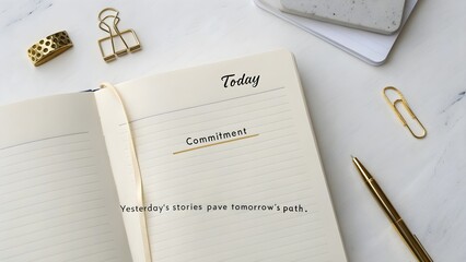 Close up of notebook with commitment message on white desk