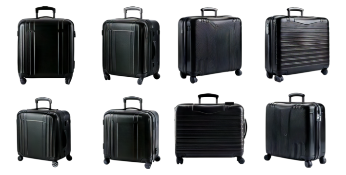 Black Luggage Collection Featuring Four Stylish Carry-On Suitcases, Isolated on Transparent, white background