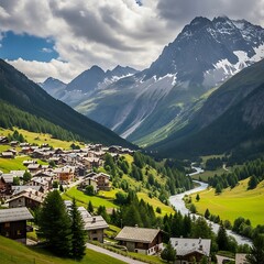 Idyllic Alpine Village Nestled in a Valley with Majestic Mountain Backdrop.