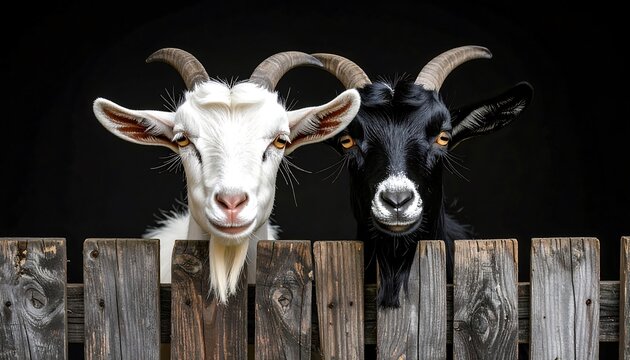 Curious Goats Peeking Over Rustic Wooden Fence with Black White Farm Animals. - Powered by Adobe