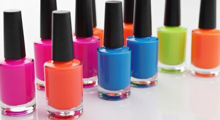 Group of colorful nail polish bottles in various vivid hues, neatly arranged