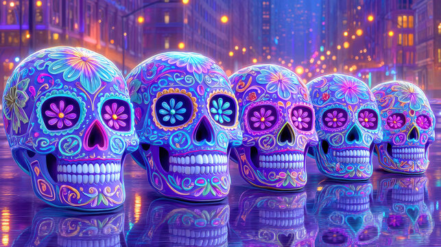 Vibrant sugar skull lanterns procession glowing in neon cityscape at night with floral patterns and reflective wet pavement, festive and surreal atmosphere - Powered by Adobe