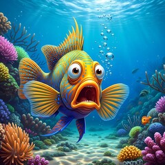 Surprised Fish in Coral Reef - Underwater Cartoon Illustration.
