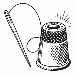 Needle and thimble with sewing thread in vintage style  