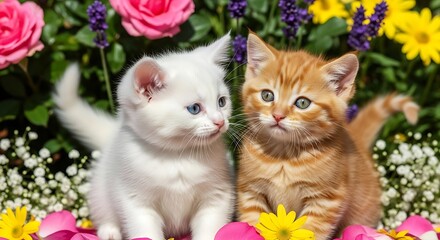 Two adorable kittens amidst a vibrant floral display of roses and daisies.