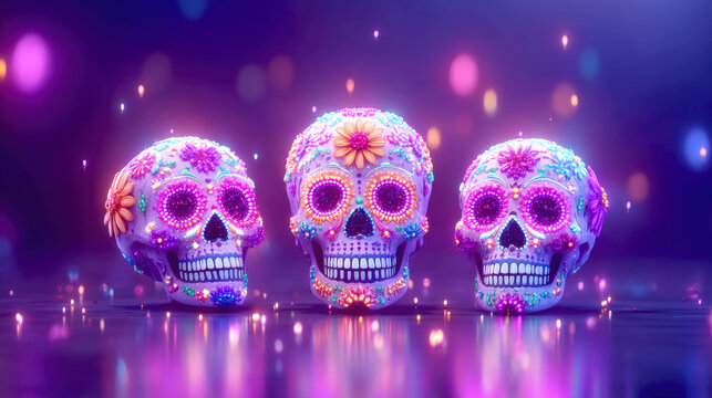 Three illuminated sugar skull colorful decorative skull neon floral skull vibrant ornamental skull purple glowing skull festive decorative skull - Powered by Adobe