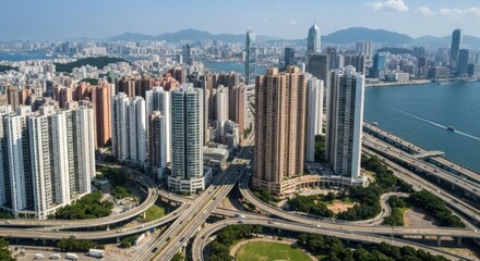 High-angle view of a dense urban landscape with skyscrapers, highway overpasses, and water