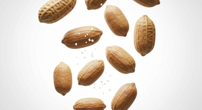 Isolated studio shot shows peanuts and salt crystals falling against a white background