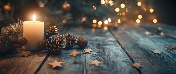 A rustic wooden table is adorned with vintage decorations like pine cones, stars, and snowflakes, creating an atmosphere of warmth and tranquility.