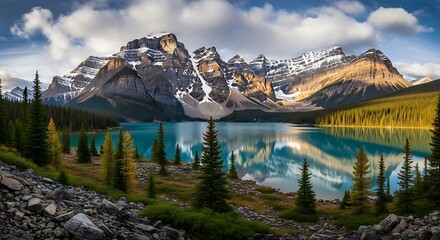Moraine Lakes Majestic Reflection - A Serene Mountain Vista.