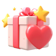 3D-rendered gift box with pink bow, red heart, and golden stars. Isolated on a black background
