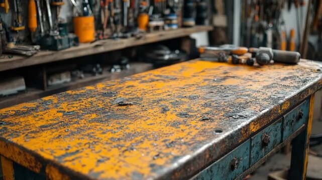 Weathered workbench surface with rust and paint textures in workshop