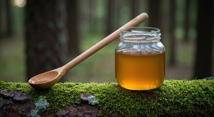 Jar of golden liquid with a wooden spoon on moss covered log in a forest